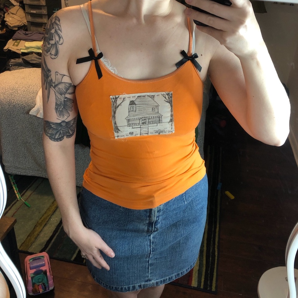 Upcycled Orange Halloween monster house patch camisole tank top with bows - Picture 2 of 7